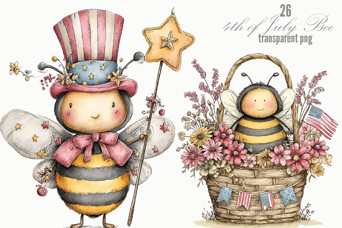4th of July Bee Whimsical Clipart, a Seasonal Illustration by Designking (Photo 1 of 5)