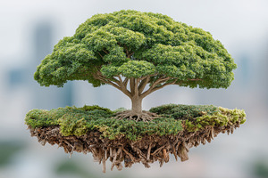 Eco business concept featuring a floating island with a lush tree symbolizing g, a Photo by AS photostudio