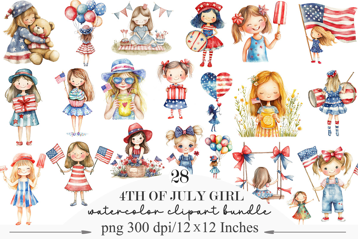 Watercolor 4th of July Girl Clipart, a Seasonal Illustration by Designking (Photo 1 of 5)