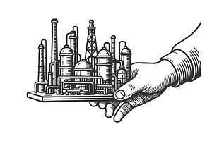 Hand Holding Industrial Factory, an Illustration by AlexArt