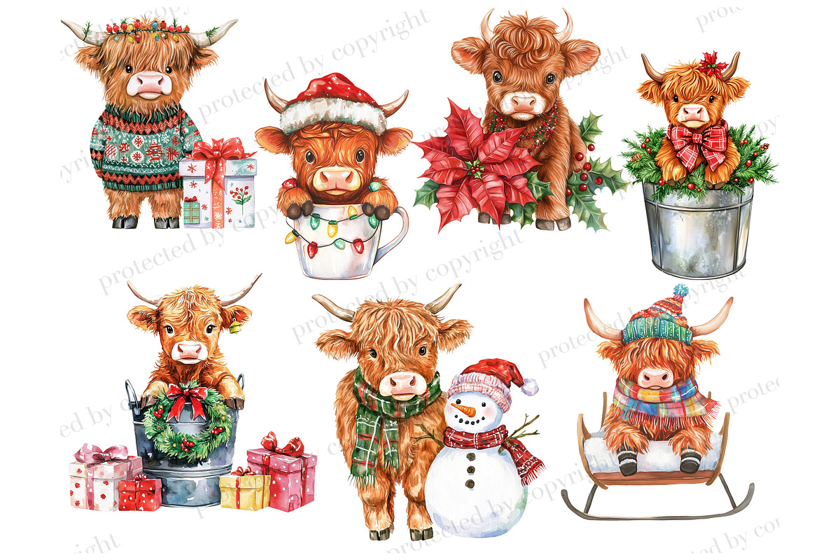 Christmas Highland Cows Clipart, a Seasonal Illustration by GlamArtZhanna (Photo 4 of 6)