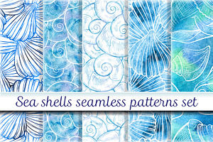 Sea shells seamless patterns set