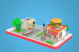 Low Poly Burger Cafe On Phone Screen