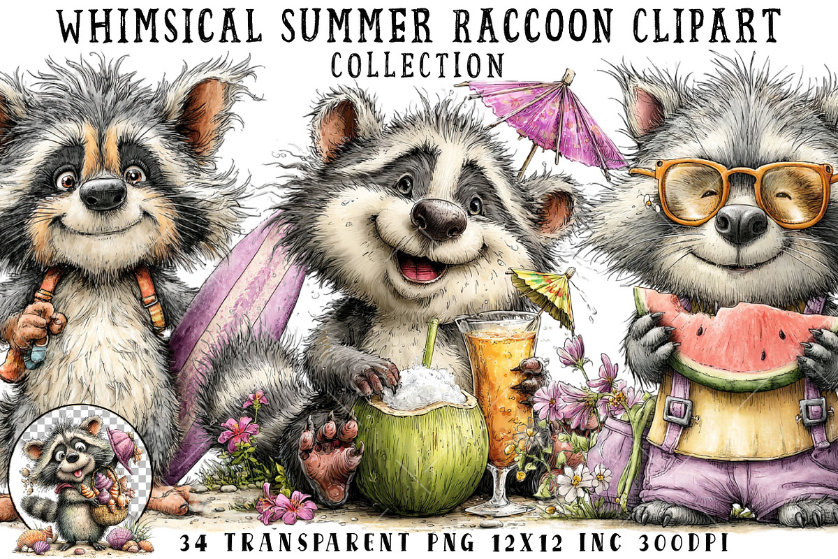 Whimsical Summer Raccoon Clipart, an Illustration by OK Design (Photo 1 of 6)
