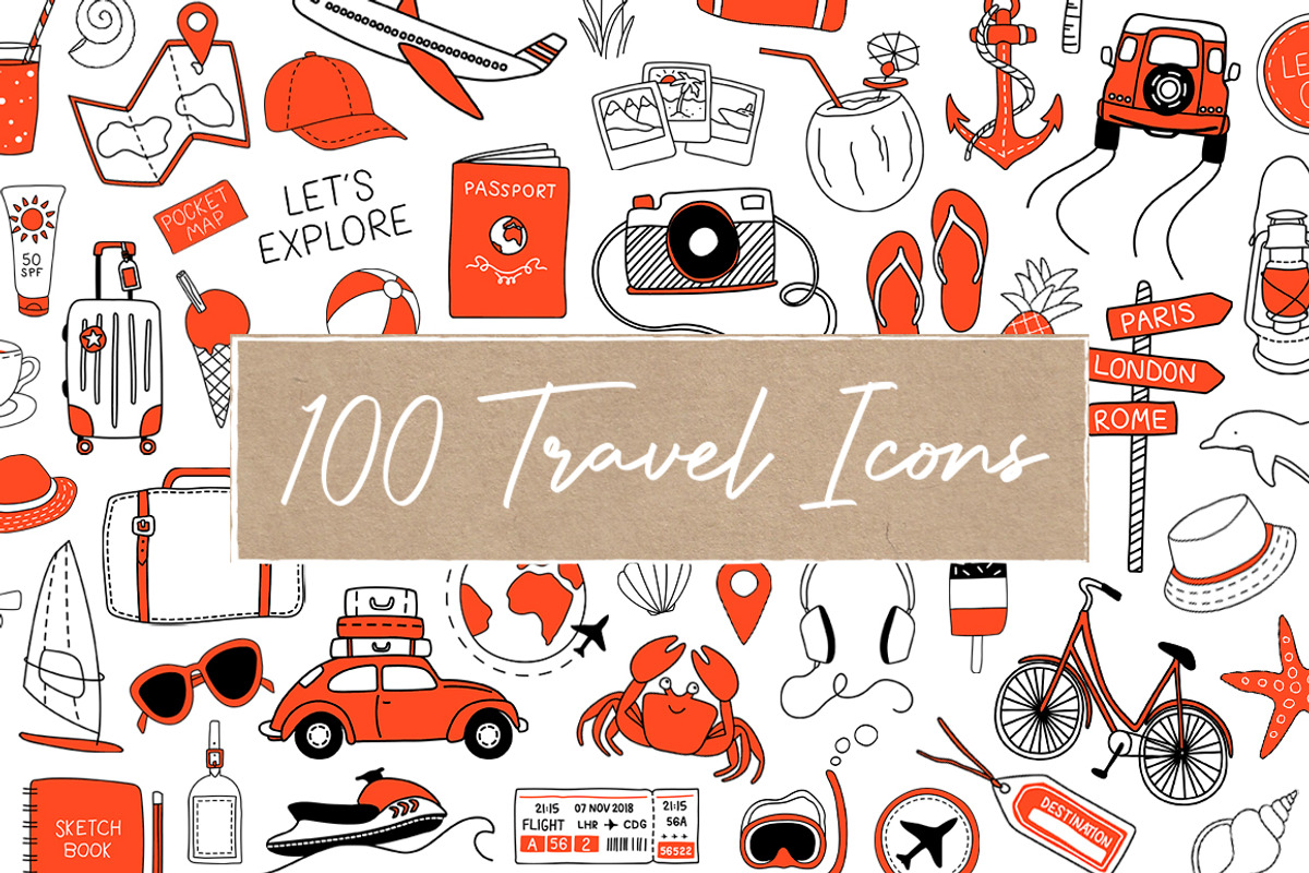 100 Travel Icons, a Transportation Illustration by Doodle Dibs (Photo 1 of 5)