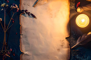 Old parchment scroll with candles and flowers on dark table, a Holiday Photo by GoodGoods