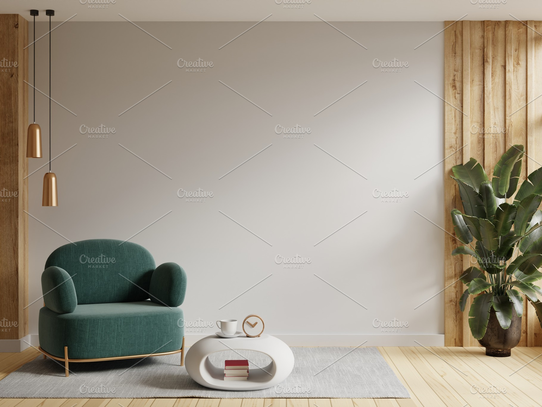 Modern interior of wall space with green armchair on empty white room., an Architecture Photo by vanitjan