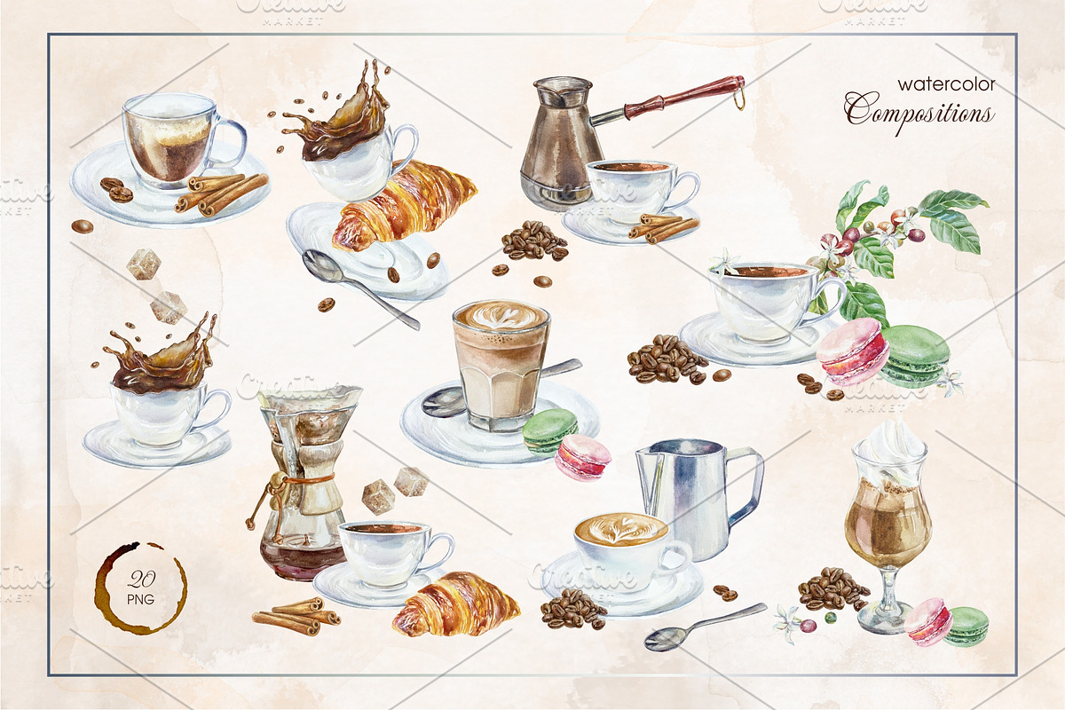 Coffee. Watercolor clip art., a Food Illustration by Farida Bik (Photo 4 of 12)