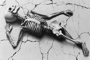 Human skeleton lying on cracked grou, a Photo by Tanuart