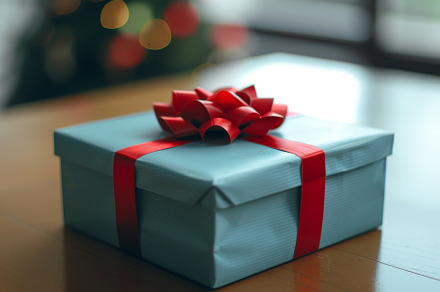 A wrapped gift box in soft blue with, a Photo by Tanuart