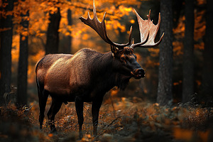 Majestic moose stands proudly amidst golden autumn foliage in a tranquil forest, an Animal Photo by AlyaAnd