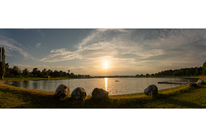 Lake schwarzl sunset panorama, a Background Photo by MadPhotos
