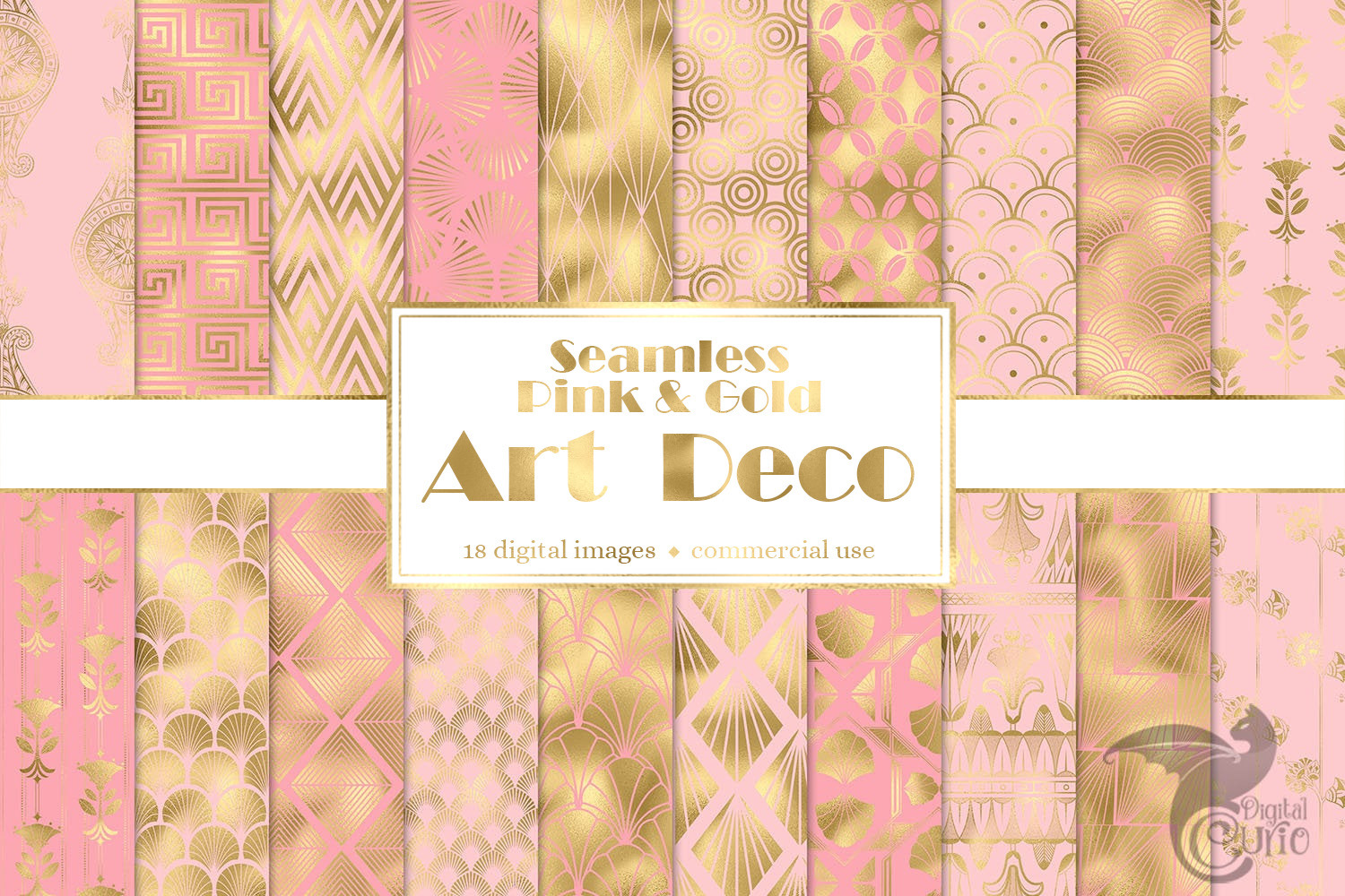 Pink and Gold Art Deco Digital Paper, a Pattern Graphic by Digital Curio