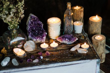 Mystical altar 1 containing crystals, candle, and earthy, a Nature Photo by Coral Antler