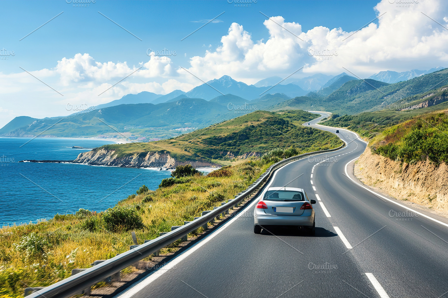 Winding coastal highway with a car driving along the scenic route beside the oc, a Transportation Photo by AlyaAnd