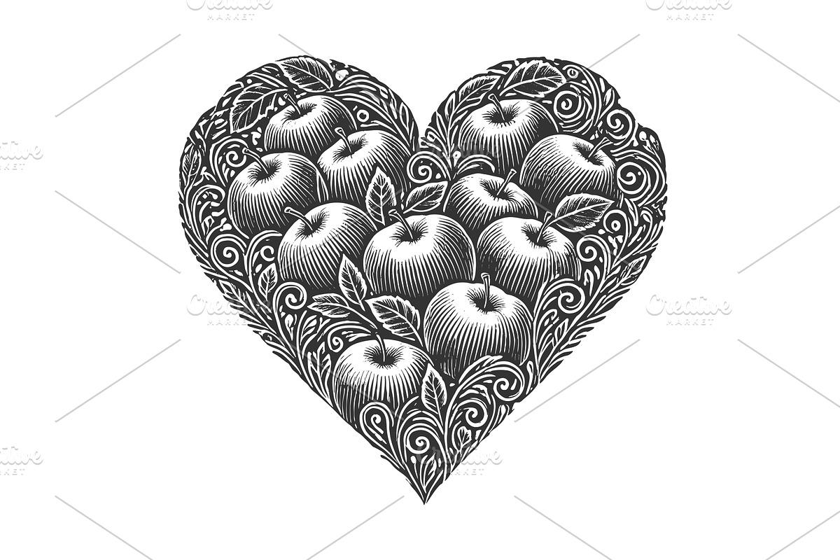 Heart-Shaped Apple and Leaves vector, a Food Illustration by AlexArt