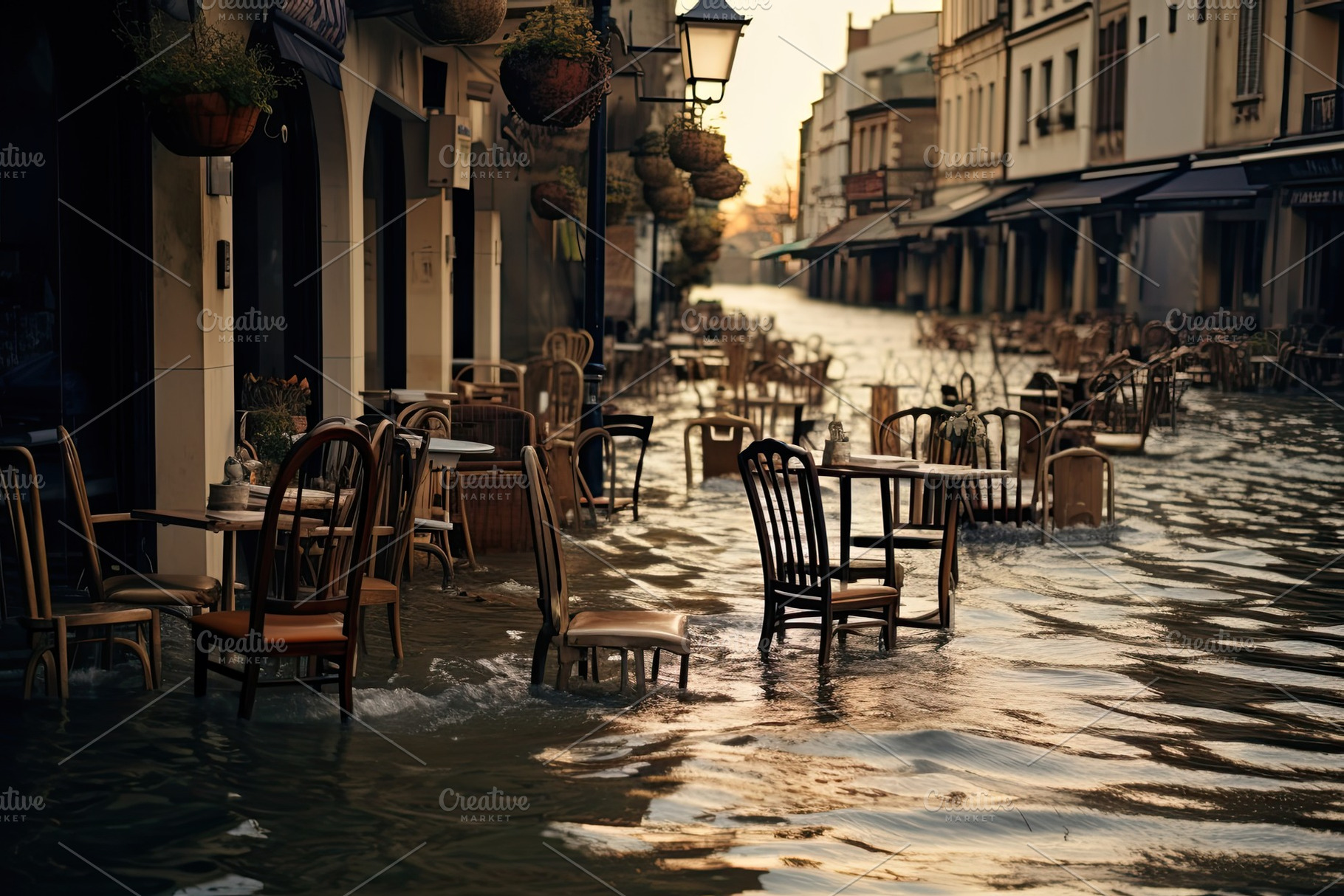 Flooding in an european country, with washed out street, destroyed furniture an, a Nature Photo by zakiroff