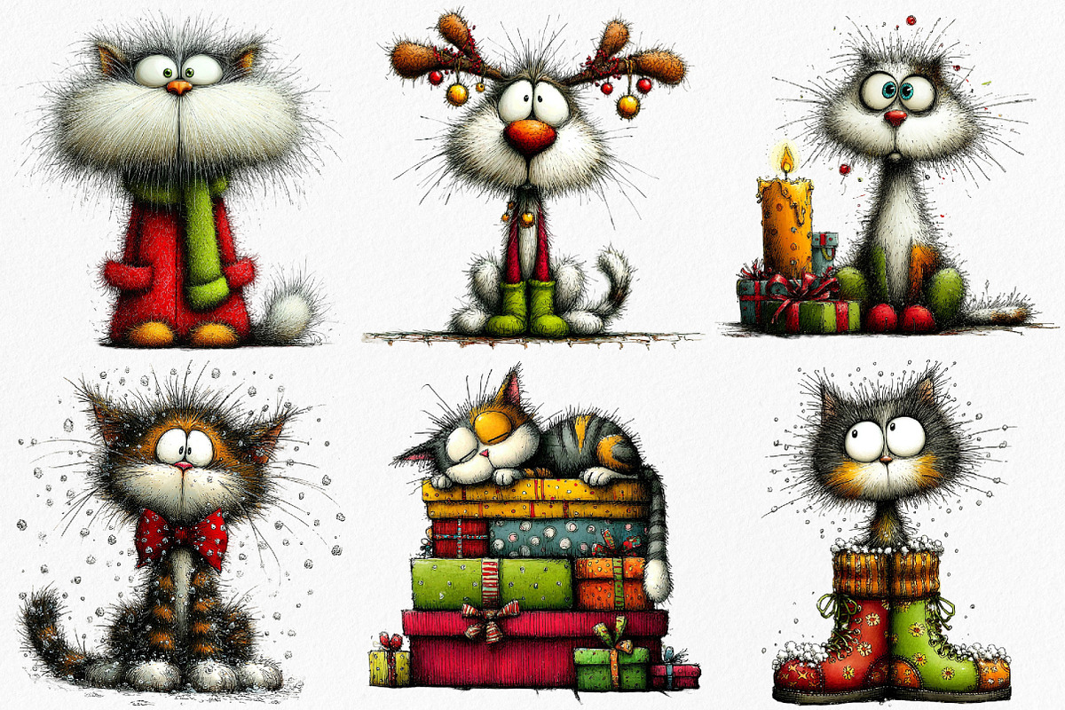 Watercolor Christmas Cats Clipart, an Illustration by Canvas Craft (Photo 3 of 7)