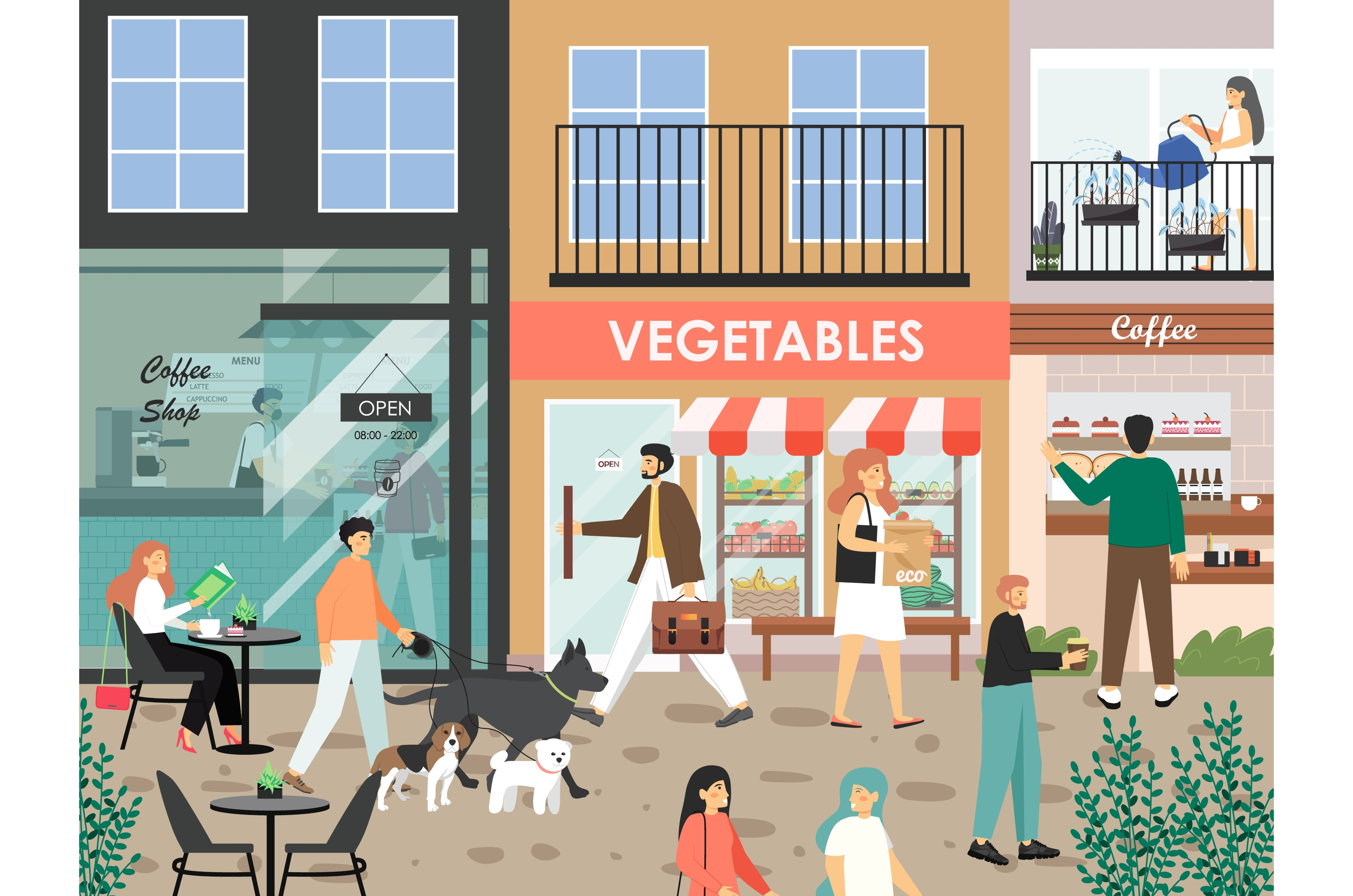 City street with coffee shop, cafe, a Person Illustration by ...