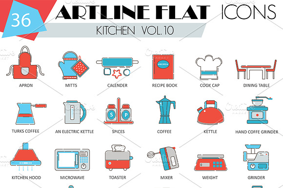 36 Kitchen Tools Flat Line Icons Set