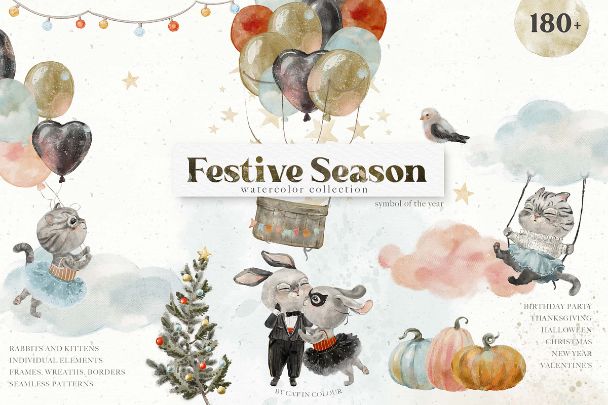 Festive Season. Cute Cats & Rabbits, an Animal Illustration by Cat In Colour (Photo 1 of 16)