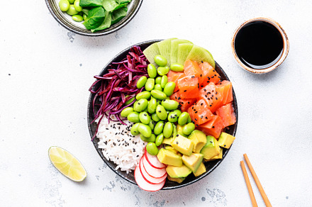 Poke bowl with salted salmon, avocado, radish, edamame beans, ca, a Food & Drink Photo by 5PH