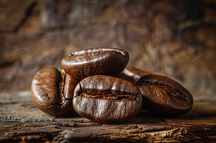 Coffee beans on wooden table, a Food & Drink Photo by AlyaAnd