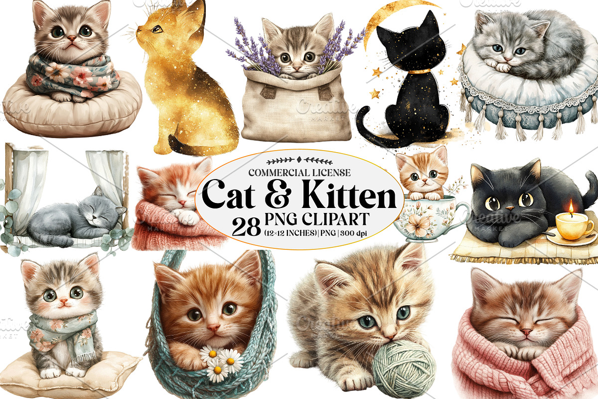 Cat & Kitten Watercolor Clipart, an Illustration by Watercolor design (Photo 1 of 4)