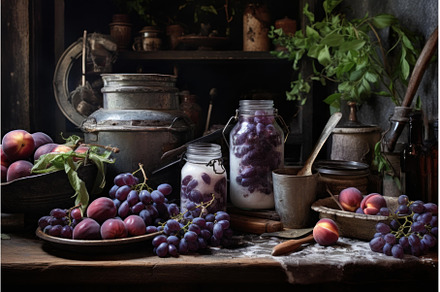 Plum jam jar rustic board. Generate, a Food & Drink Photo by Ylivdesign