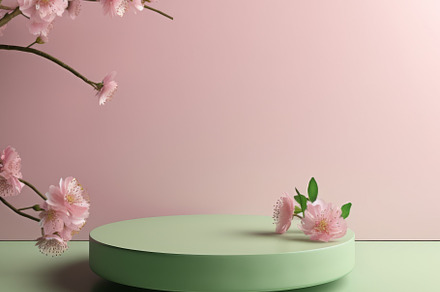 Fresh lush pink sakura flowers on branch with cylinder podium mockup in soft li, an Abstract Photo by Natalia Klenova's Shop