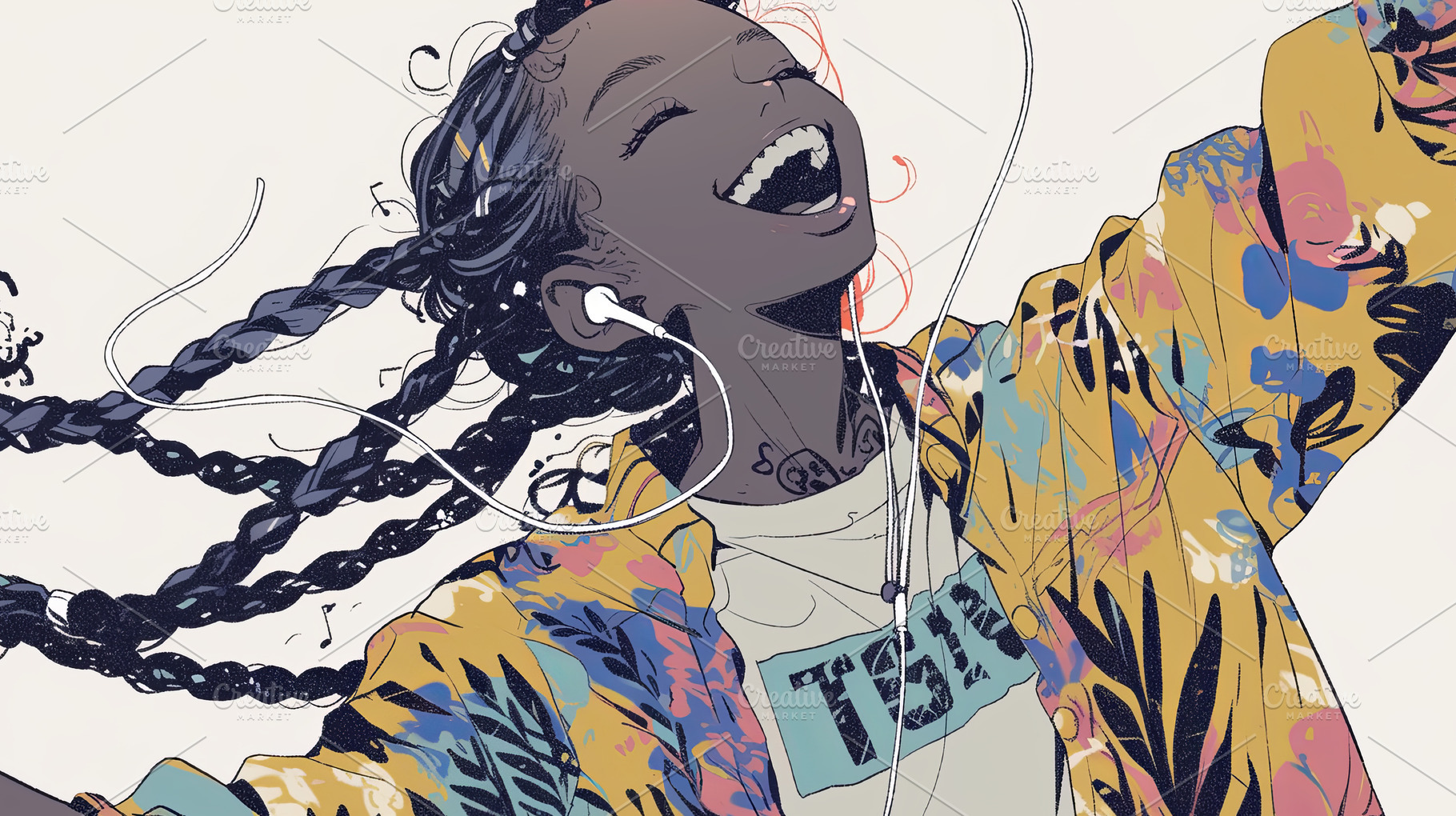 Joyful woman dancing with music in earphones and colorful vibrant outfit, a Photo by AS photostudio