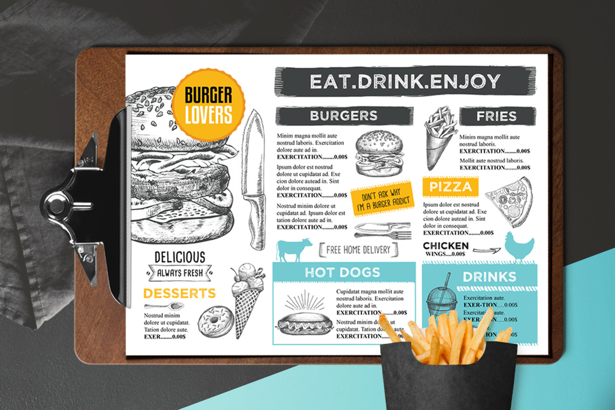 FREE! Trifold + Menu Template Burger, a Brochure Template by BarcelonaShop (Photo 1 of 3)