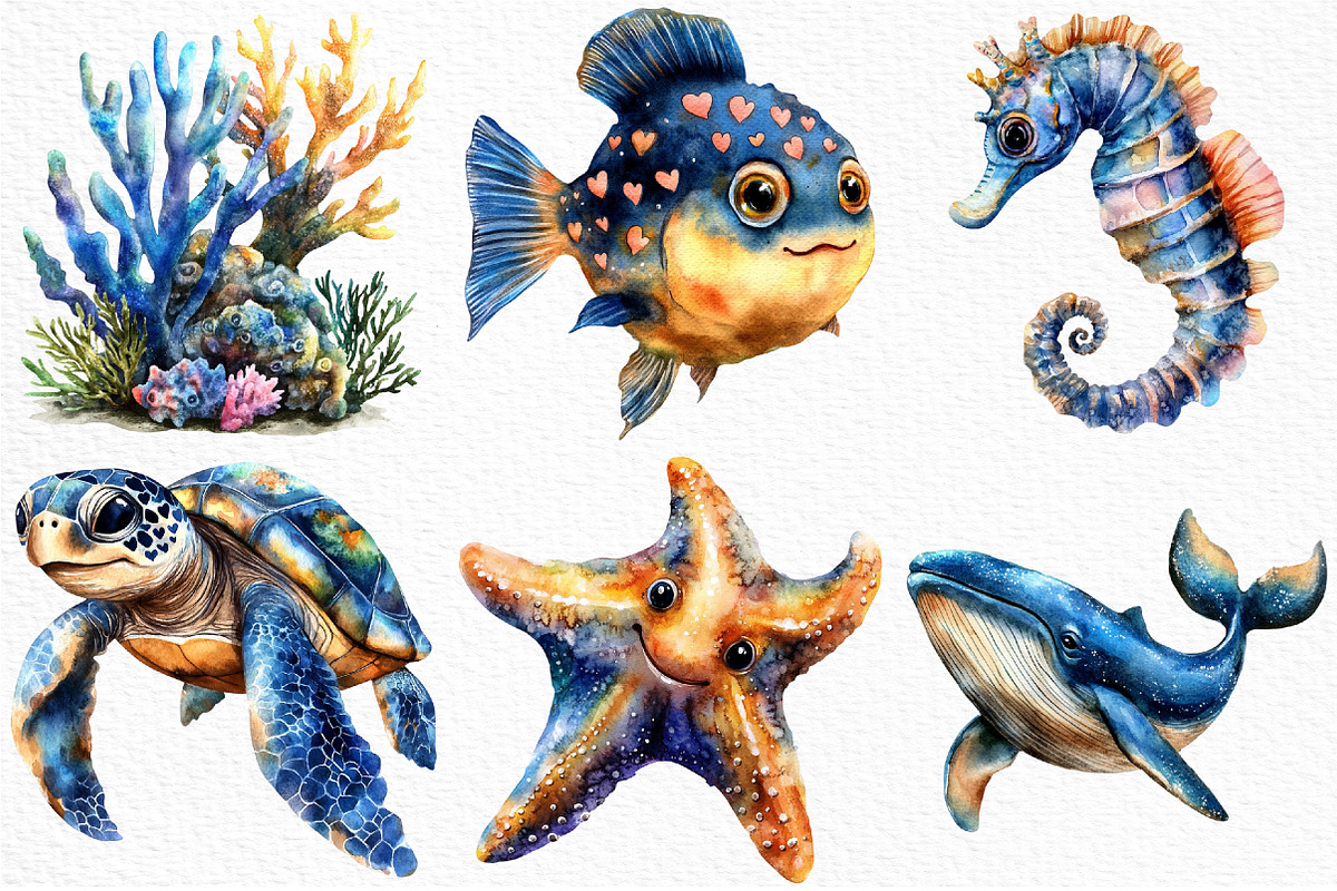 Watercolor Sea Animals Clipart, an Illustration by Craft Nest (Photo 3 of 12)