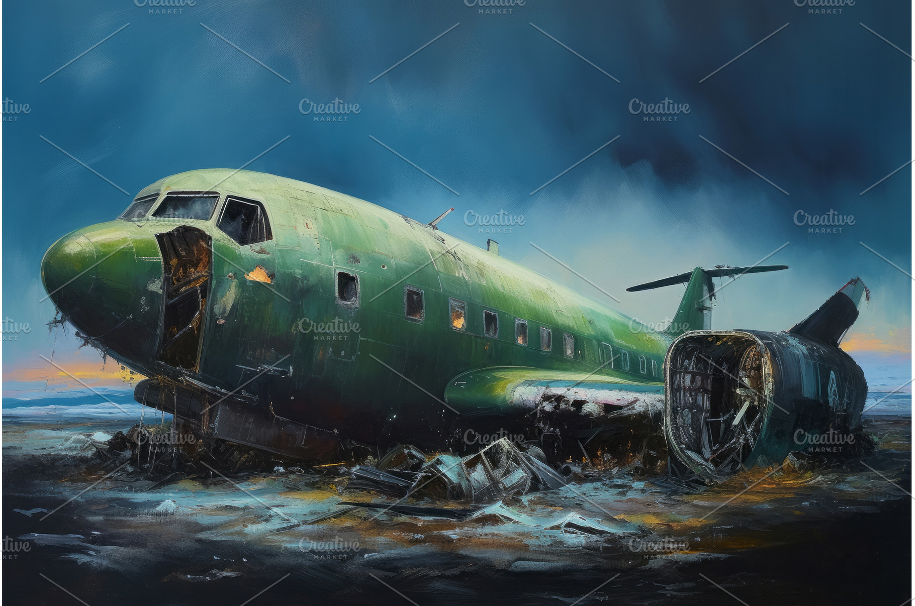 Airplane wreckage on desert island, an Architecture Photo by Ylivdesign