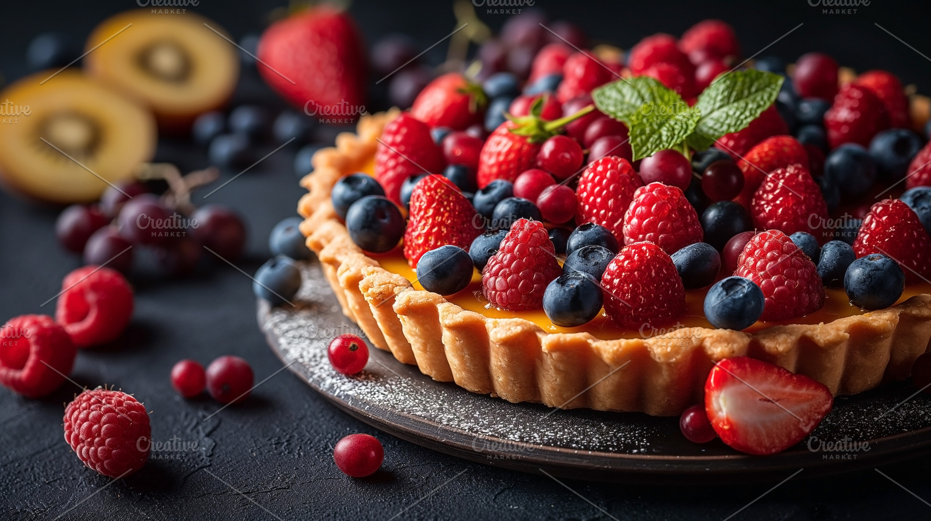 Delicious fruit tart adorned with fresh strawberries, blueberrie, a Food & Drink Photo by ImageMir
