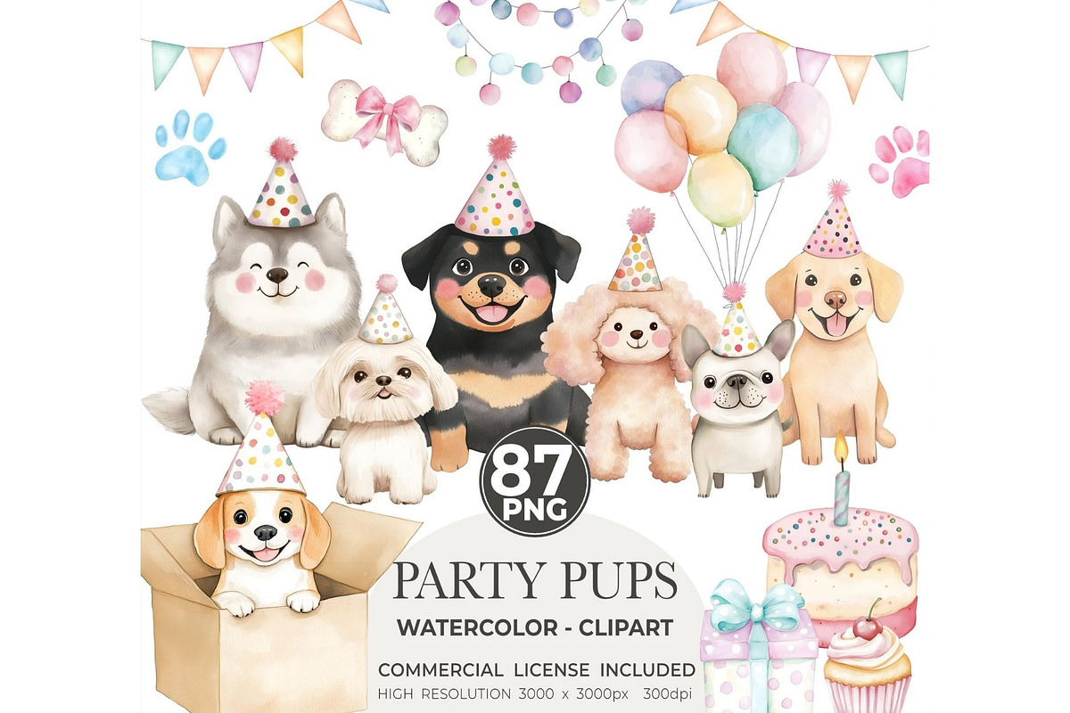 Party Pups Watercolor Clipart, an Illustration by CharmClipart (Photo 1 of 8)