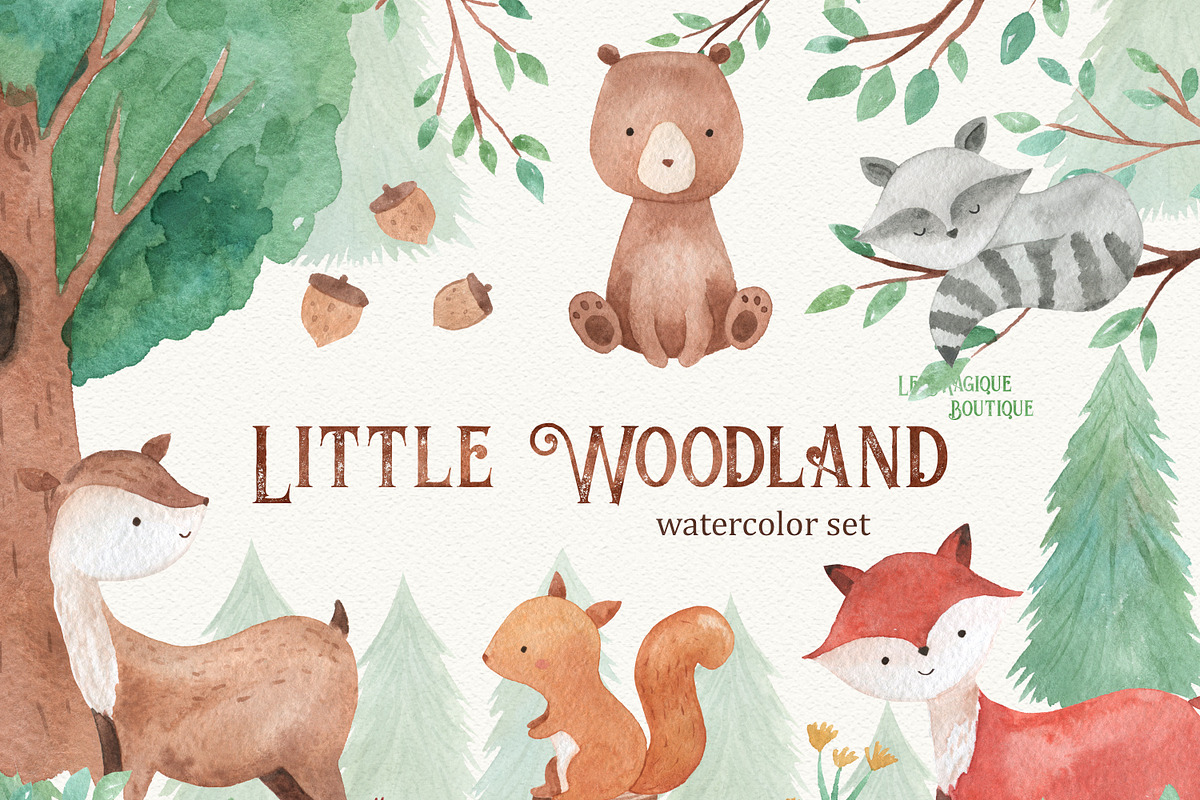 Woodland Animals Watercolor Clipart, an Animal Illustration by LeMagiqueBoutique (Photo 1 of 5)