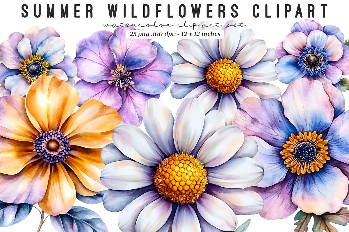 Watercolor Summer Wildflowers Png, an Illustration by SinaCreation (Photo 1 of 9)