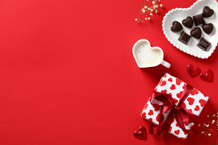 Happy Valentines Day background. Top view table setting for Valentine's day wit, a Holiday Photo by photoguns