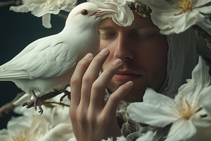A serene ornithologist portrait of a person surrounded by white flowers and dov, a Person Photo by Textures & Backgrounds