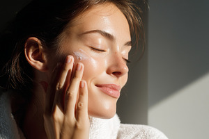 Young woman with radiant skin gently, a Beauty & Fashion Photo by MistyDay