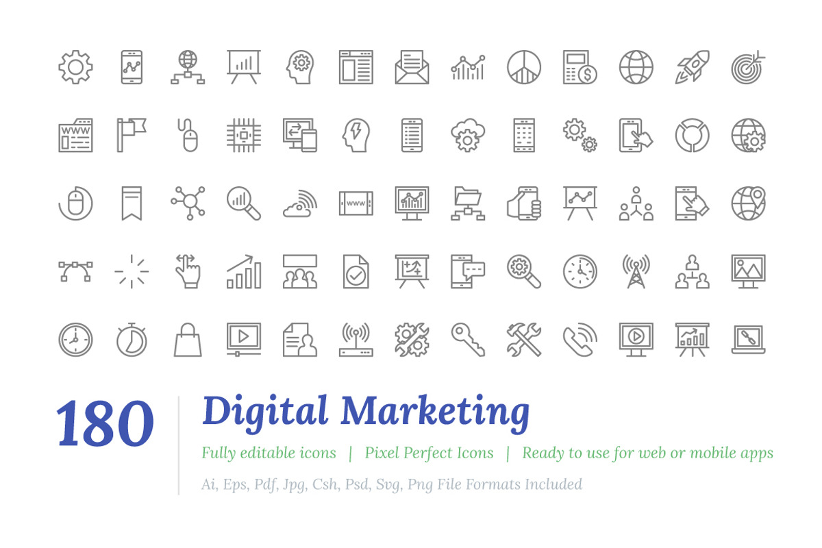 180 Digital Marketing Line Icons, an Outline Icon by Vectors Market (Photo 1 of 3)