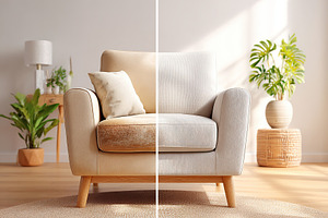 Comparison of two upholstered armchairs showcasing fabric differences in a brig, a Photo by AlyaAnd