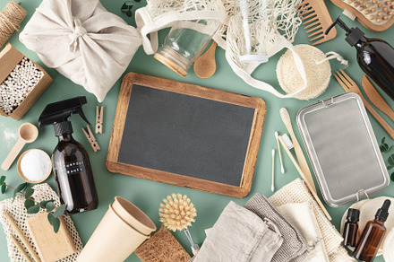 Set of eco-friendly tableware and cleaning products on pastel bl, an Abstract Photo by Natalia Klenova's Shop