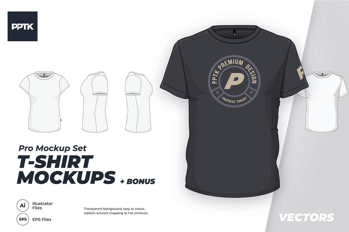 T-shirt vector mockups + Bonus, a Shirt Mockup by PrePress Toolkit (Photo 1 of 5)