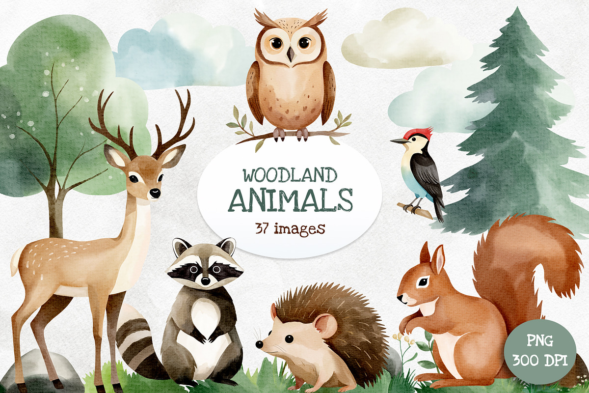 Woodland Animals. Watercolor Clipart, an Illustration by Hanna's ArtLab (Photo 1 of 4)