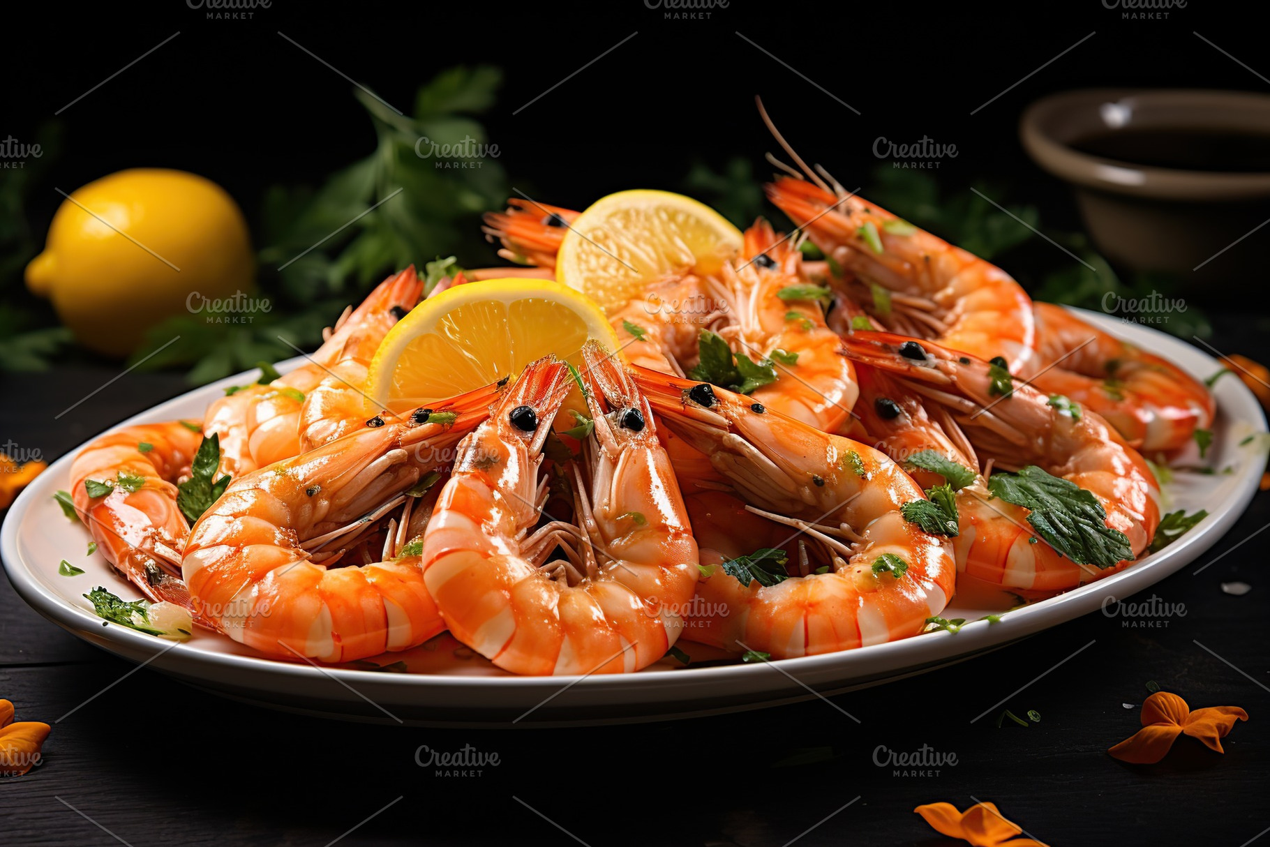 Fresh shrimps in plate on black wooden table, a Food & Drink Photo by AlyaAnd