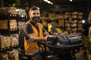 Warehouse worker driving electric fo, an Industrial Photo by Perpis