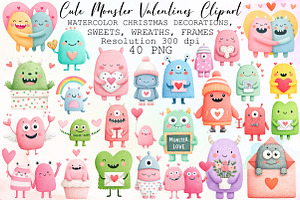 Cute Monster Valentines Clipart, an Illustration by Sublimation Artist