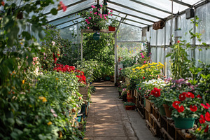 Vibrant flowers bloom in a greenhous, a Photo by Tanuart